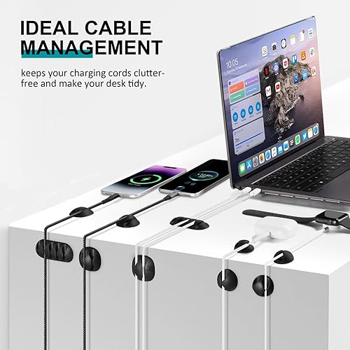 Miniatura 2 de Paquete de 16 cables de escritorio negros, organizador de cables ajustables, organizador de cables para cables, cargador de teléfonoPCTV, soporte de