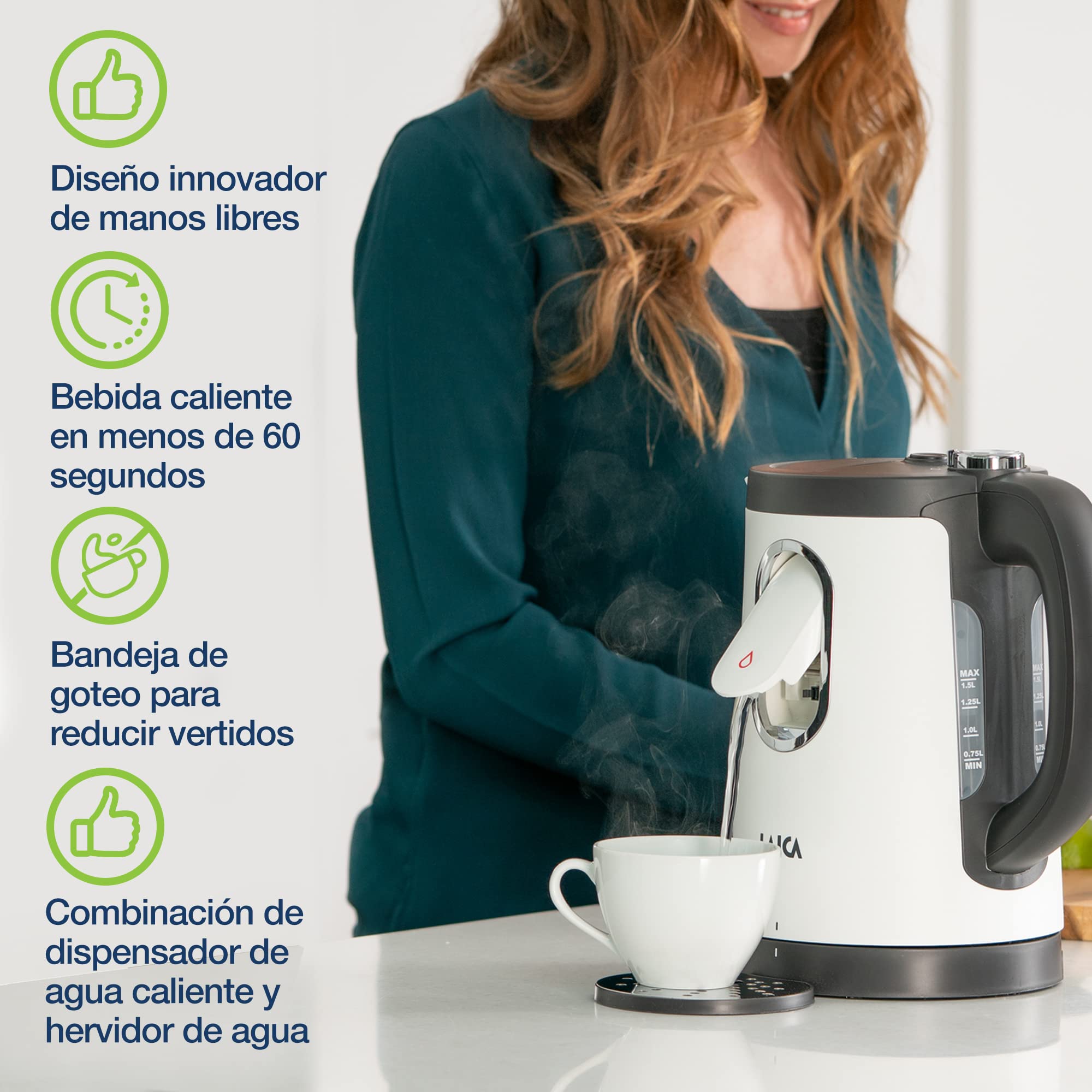 Hervidor eléctrico LAICA Dual Flo con dispensación de una sola taza, Capacidad 1.5 L