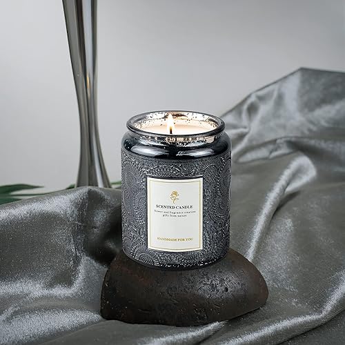 Miniatura 10 de Contenedor de vela de vidrio parpadeante en relieve de 8.8 onzas, paquete de 9 tarros de vela brillante galvanizados con tapa en relieve para hacer