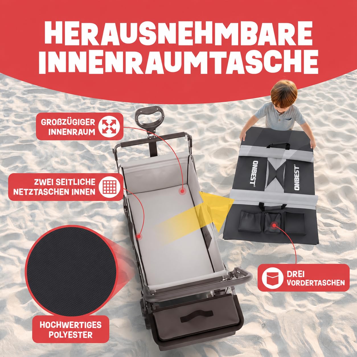 ONBEST Bollerwagen faltbar – Faltbollerwagen mit Dach, Schwarz | Klappbarer Strandbollerwagen mit Regenschutz, Sonnenschutz-Dach, Kühltasche & Becherhalter für Outdoor und Camping