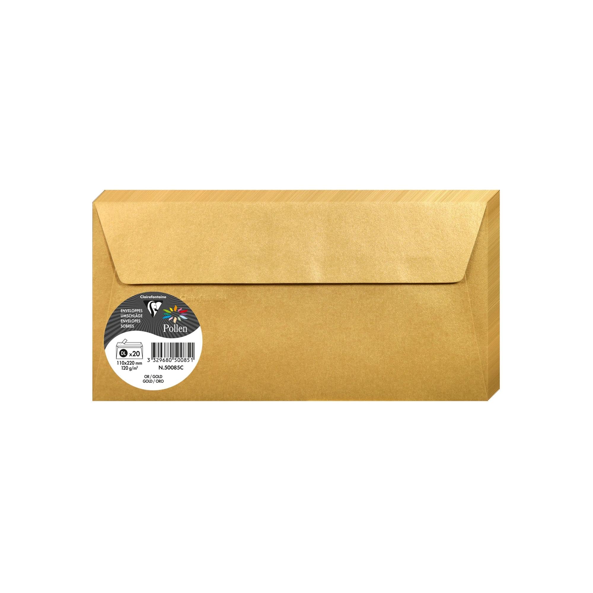 Clairefontaine 50085C Gold Iridescent Paper Pack of 20 Self-Adhesive Envelopes DL (11x22cm) 120gsm Invitation Events Correspondence Pollen Range Premium