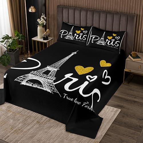 Miniatura 1 de Juego de colcha de la Torre Eiffel de París, juego de colcha de lentejuelas doradas, juego de edredón romántico francés con corazones encantadores,