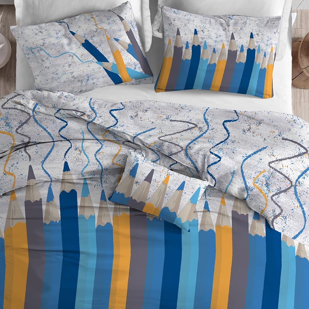 IlGruppone Passione Casa Parure copripiumino made in Italy 100% cotone con stampa sacco e federe, singolo o matrimoniale, parure letto (Matite Blu, Singolo)