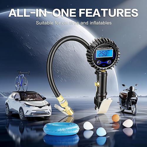 Miniatura 6 de Medidor digital de presión de neumáticos con inflador, portabrocas de aire resistente de 250 PSI y accesorios de compresor con acoplador de conexión
