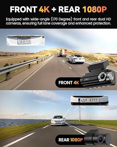 Miniatura 2 de Cámara de salpicadero frontal trasera 4K GPS integrado 5GHz WiFi, pantalla IPS de 3.39 pulgadas, control de voz, cámara de tablero dual para