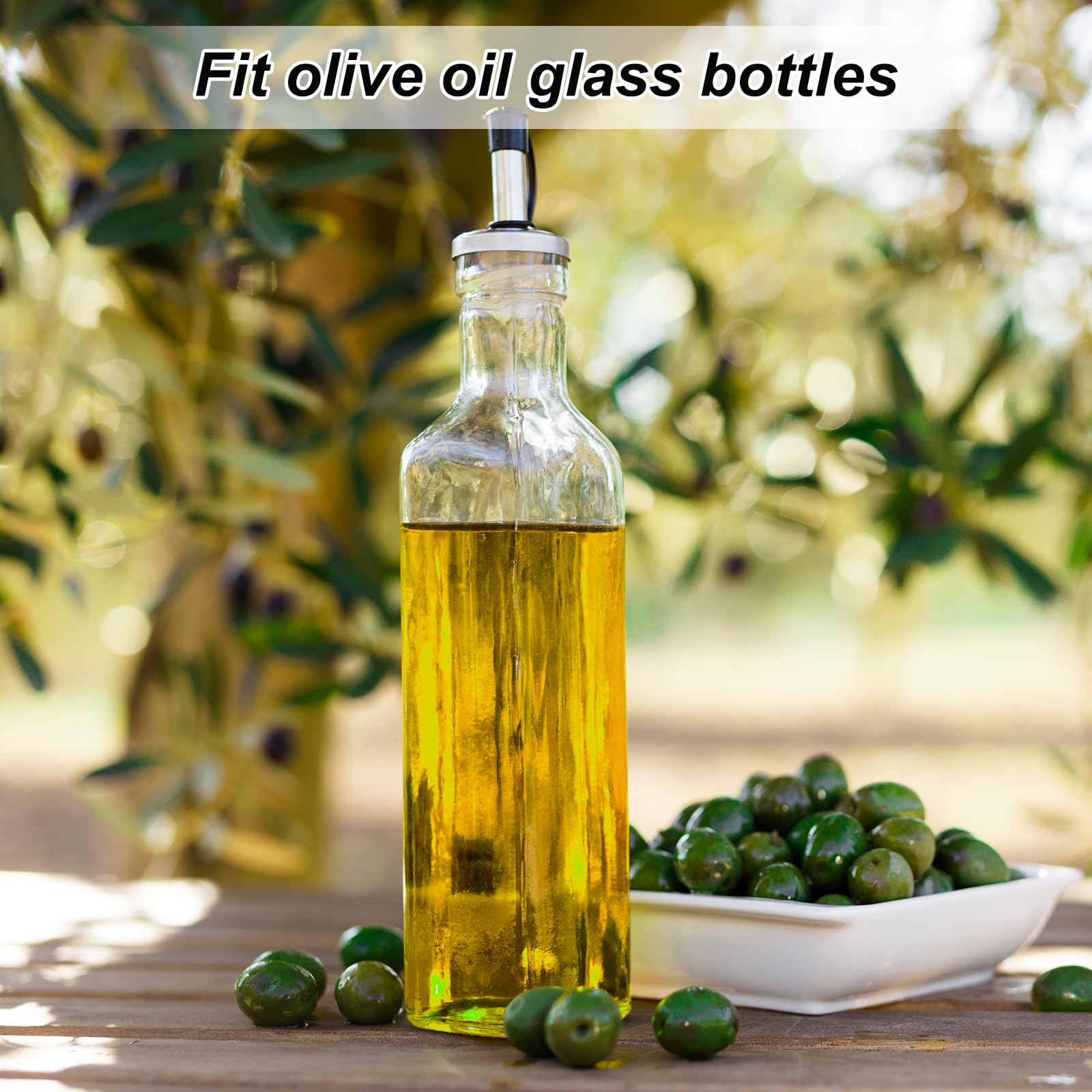 QUARKZMAN Acciaio Inossidabile Bottiglia Versatori, 2pz Oliva Olio Beccuccio con Gomma Polvere Tappi, Sughero Design Bottiglia Vino Tappi per Versare Liquidi, Oliva Olio, Vino, Aceto