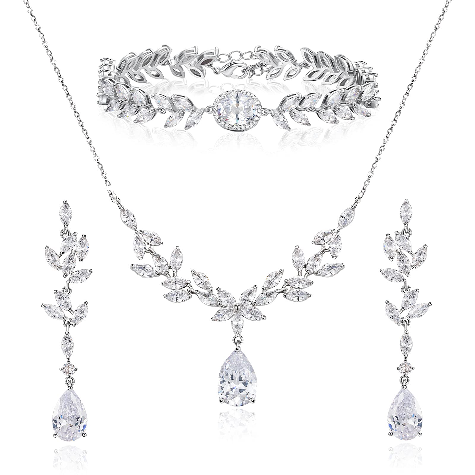 SWEETV Bridal Jewelry Set for Wedding, Cubic Zirconia Necklace Dangle Earrings Bracelet Set, Rose Gold Teardrop Marquise Brides Bridesmaids Wedding Prom Jewelry Sets for Women (B0D8T3VZ3L) Amazon Price History, Amazon Price Tracker