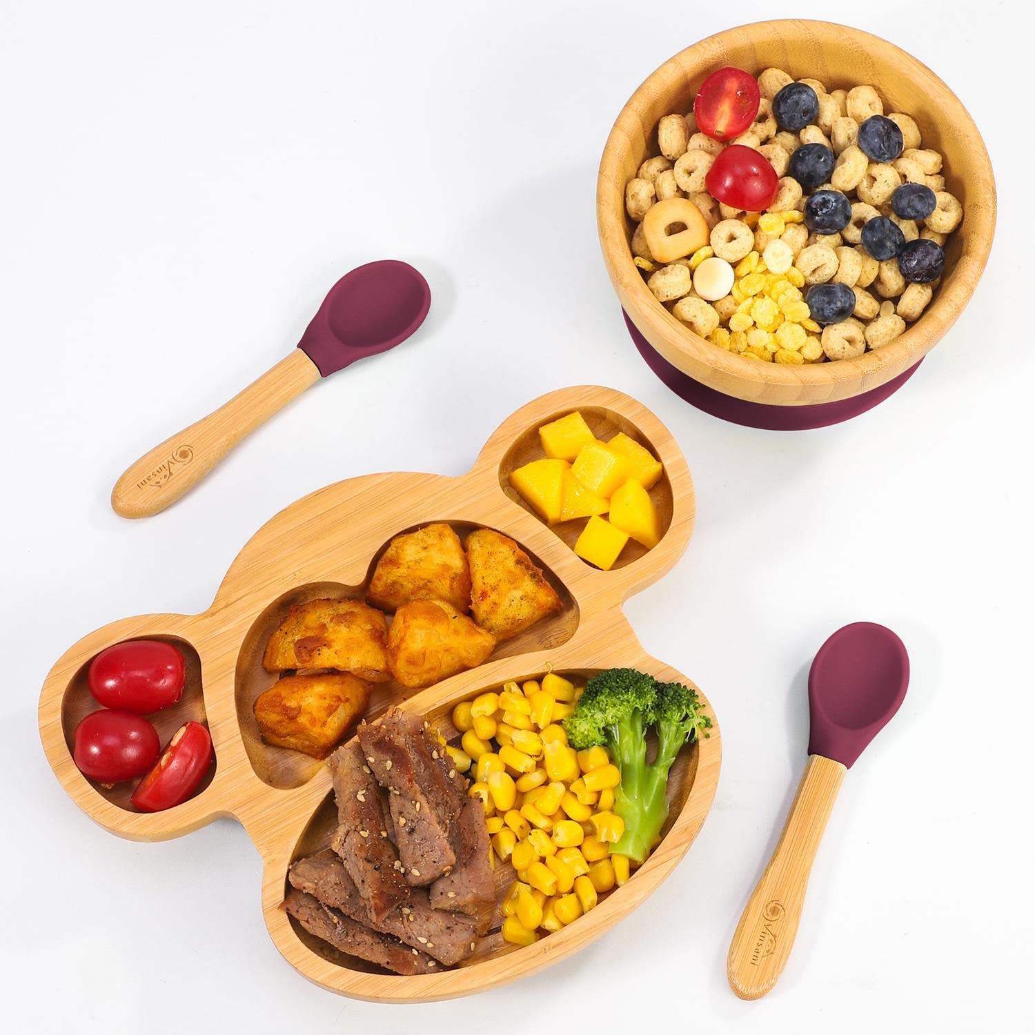 Vinsani Bamboo Monkey Plate Bowl and Spoon Set for Baby Toddler Kids Children, Suction Plate, Stay-Put Non-Slip Base Design, Hypoallergenic, Food-Grade Silicone and BPA-Free Baby Feeding Set (Red)