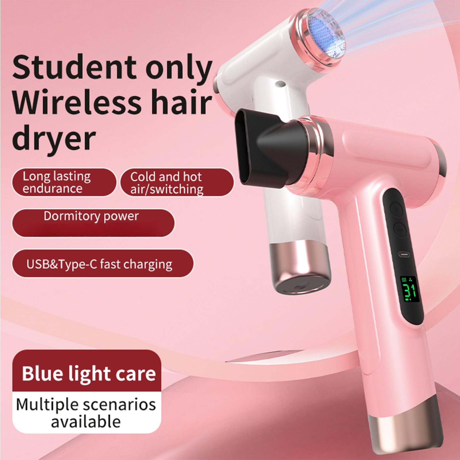 Secador de Pelo Inal¨¢mbrico. 200 W Secador de Pelo Port¨¢til Recargable por USB. Estilo de Viento Fr¨ªo y Caliente para Estudiantes. Viajar. Salir. Casa (Rosado)