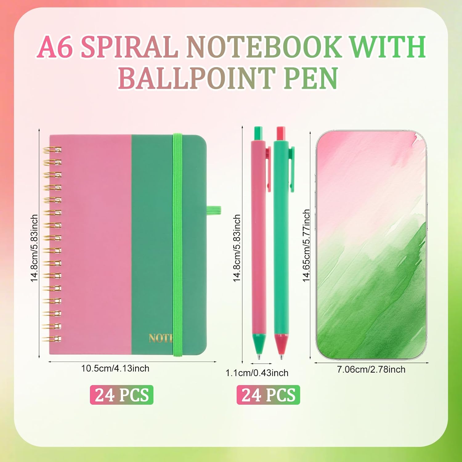 Fulmoon 24 Set Sorority A6 Spiral Notebook with Ballpoint Pens 50 Sheets, 4"x 6" Small College Ruled Notepads Journaling Notebooks Bulk for Back to School Supplies Offices Team Pink and Green Gifts