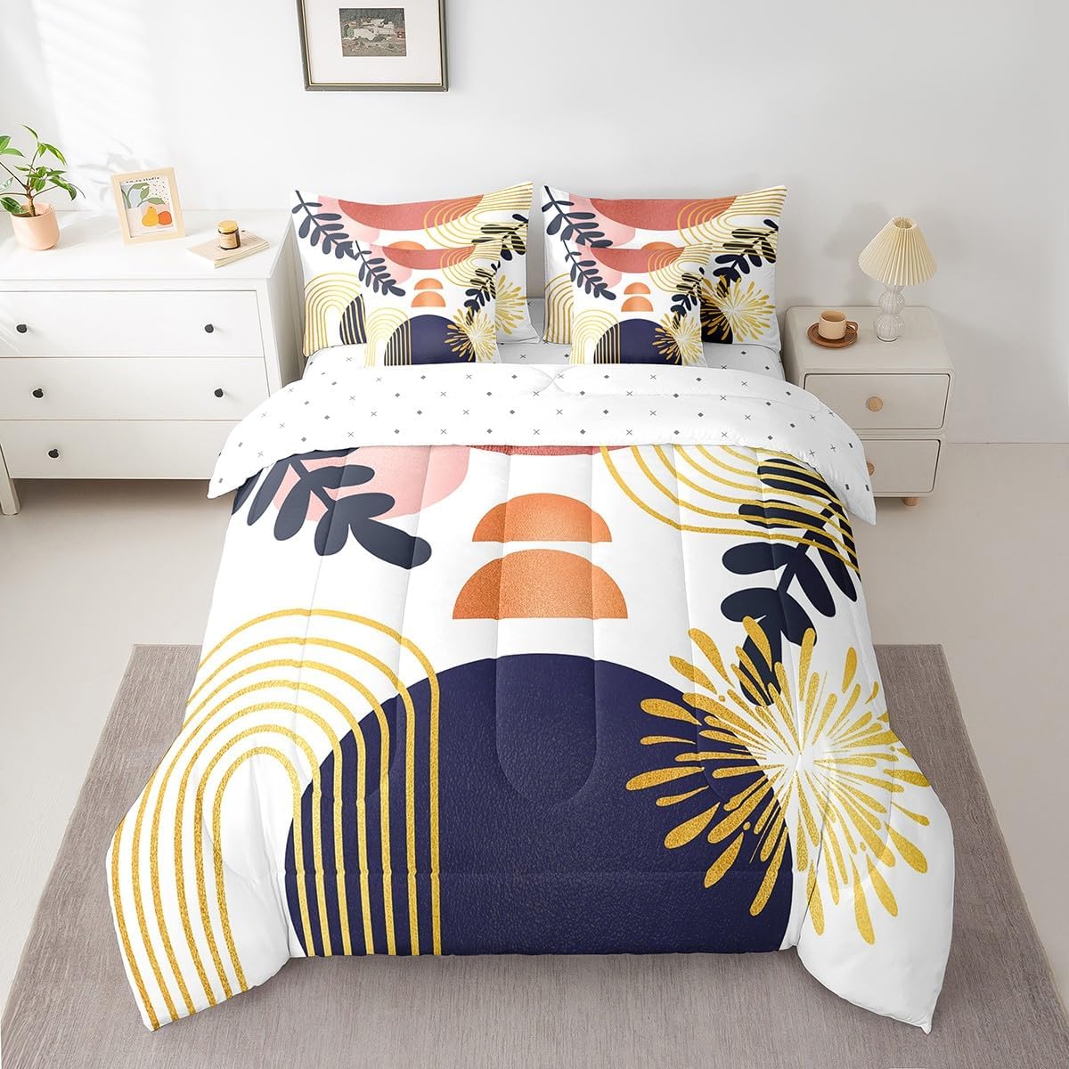Boho Mid Century Bed in a Bag Queen Comforter Set 7 Piece,Abstract Geometric Modern Minimalist Bedding Sets Geometric Line Art Sheet Set with Comforter,Circle Graphic Ombre Stripes Bed Set,Orange Blue