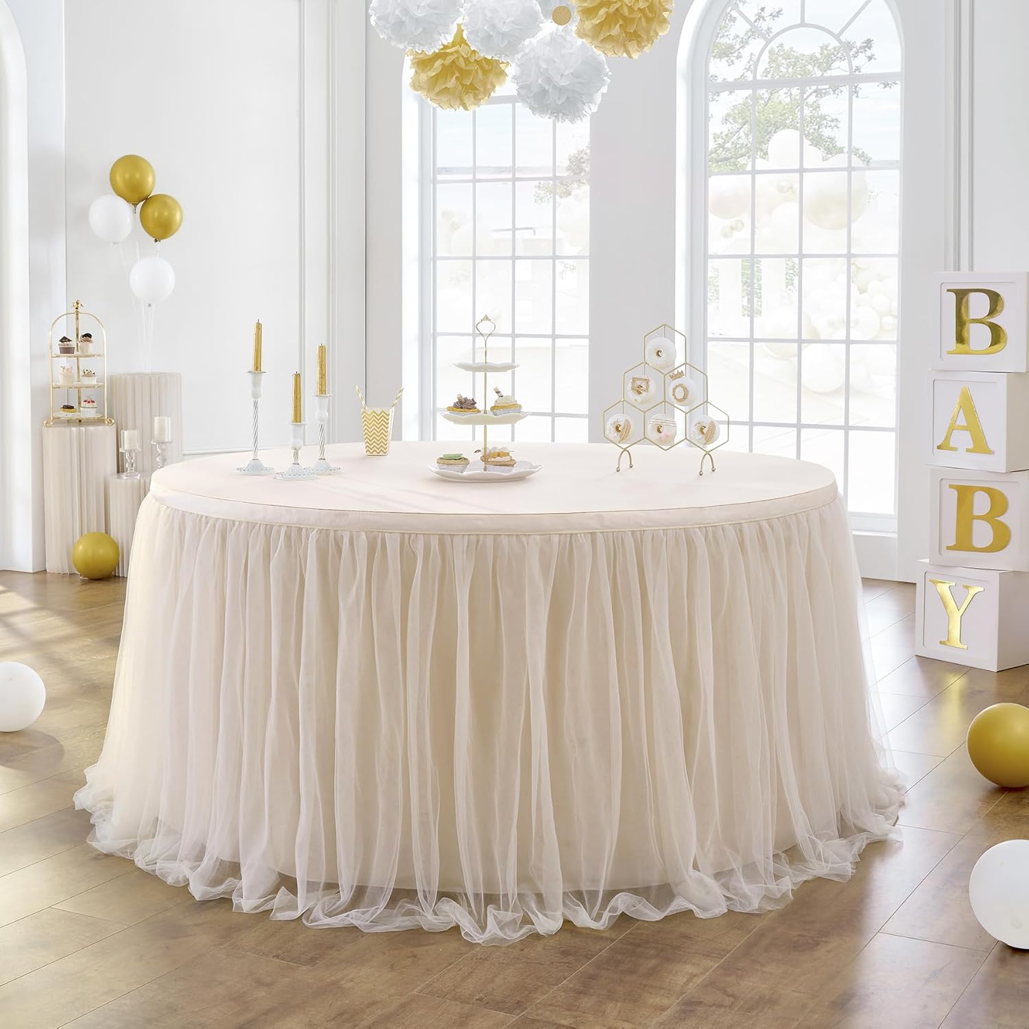 156in Champagne Gold Tulle Table Skirts for Rectangle Tables 8ft 6ft 4ft, 2-Layer Beige Ruffle Tulle Tutu Cloth Table Skirt 13ft for Wedding Party Birthday Baby Shower Cake Dessert(No Table Cover)