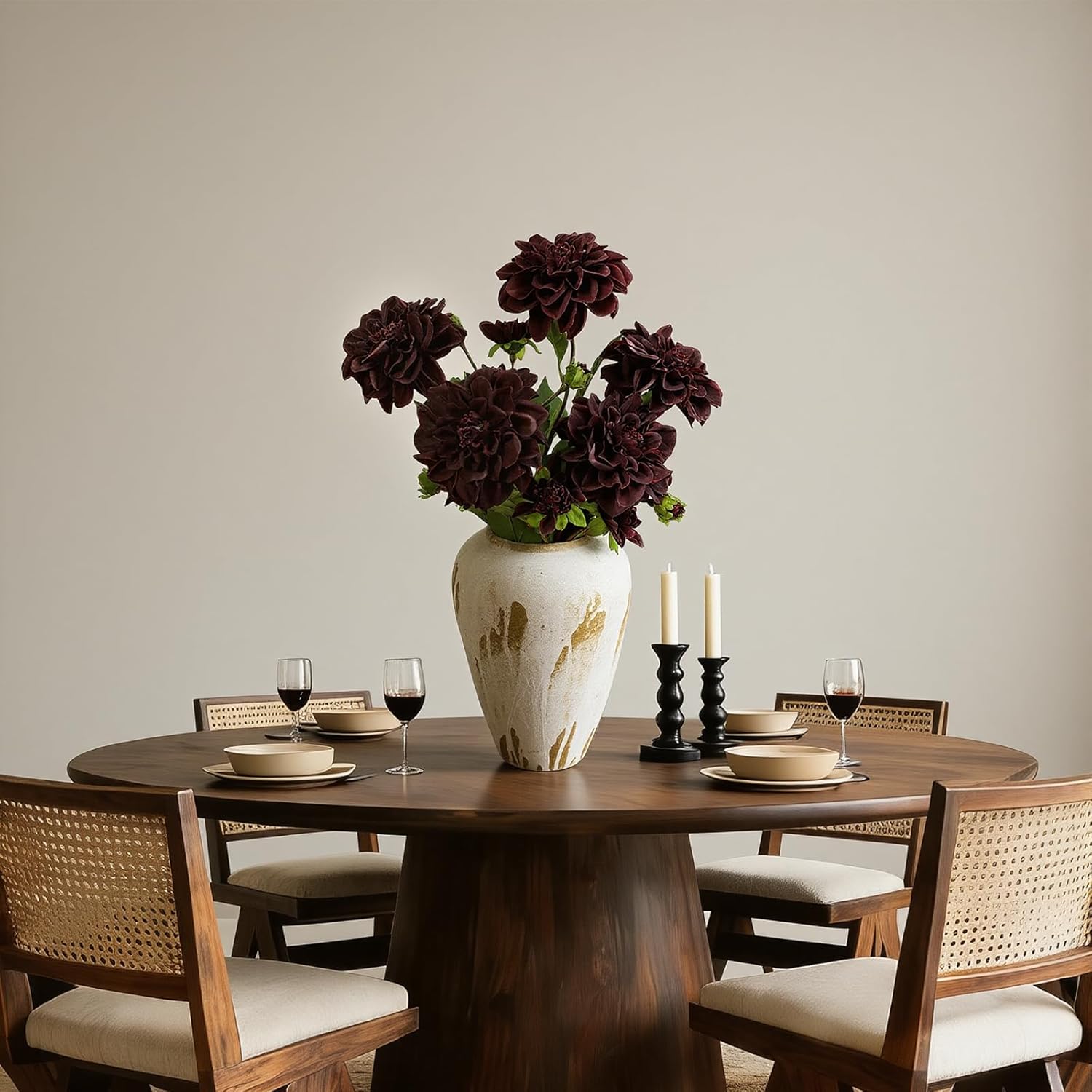 KBREE Real Touch Dahlia Artificial Flowers, 3 Pcs, 24.3” Long Stem Faux Dahlias in Natural Tones, Large Flowers Stems for Wedding Bouquet DIY, Table Centerpiece & Home Office Decor (Dark Burgundy)