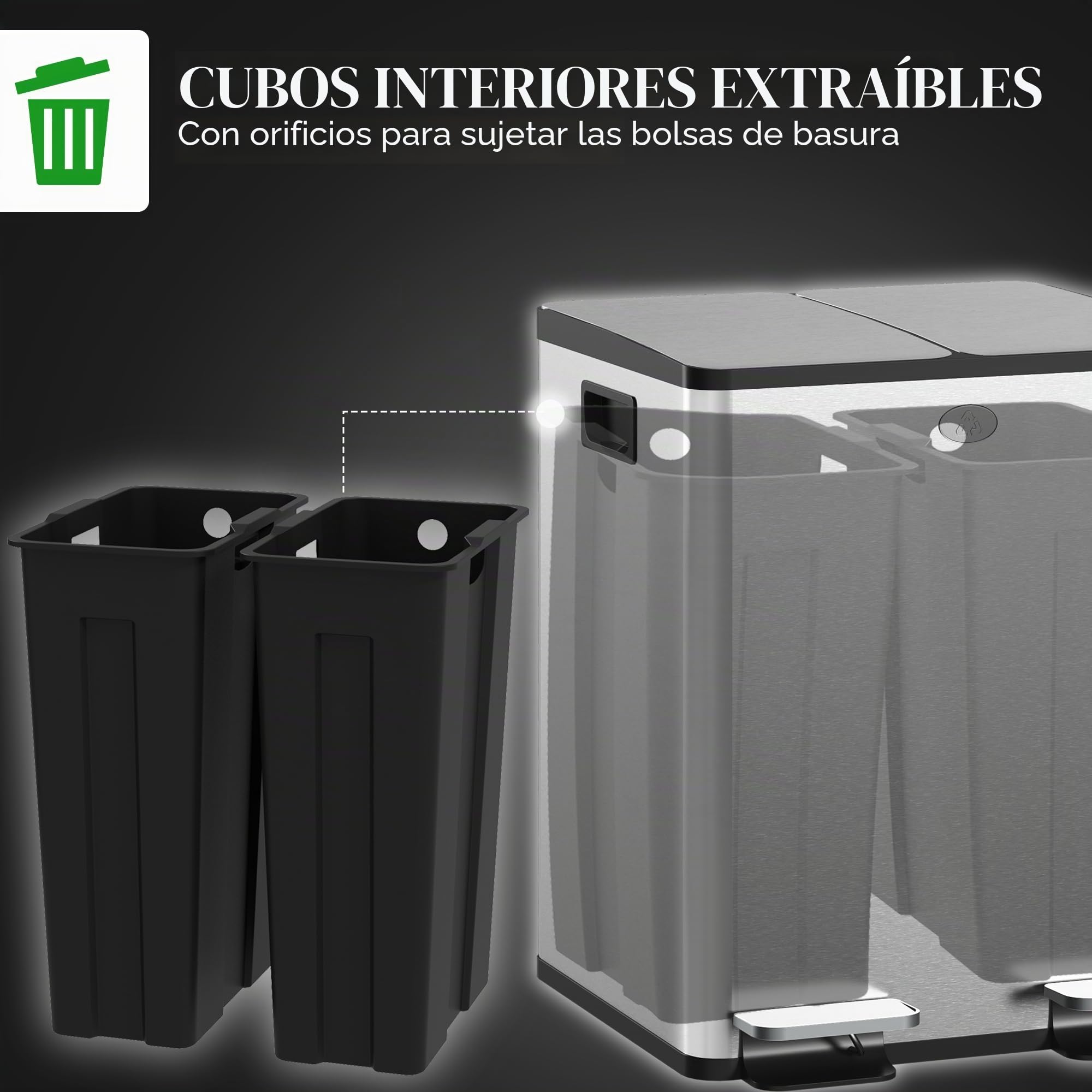 HOMCOM - Papelera de cocina doble, 2 x 20 L, cubo de pedal de acero inoxidable, 2 tapas de cierre suave, cubos interiores extraíbles y asas anti-huellas dactilares, 45,8 x 36 x 51,6 cm