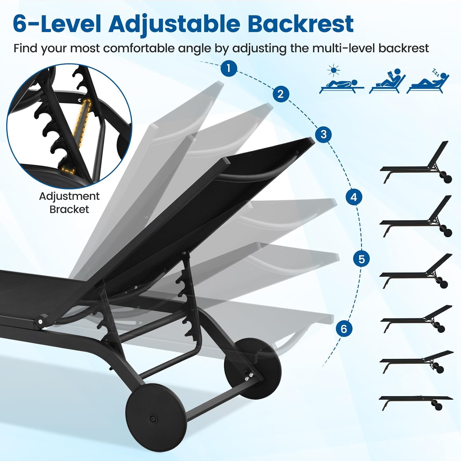 COSTWAY Outdoor Patio Chaise Lounge, 6-Position Adjustable Pool Lounger with Stable Aluminum Frame, Portable Sun Bathing Lounge Chair on Wheels for Backyard Garden, Black