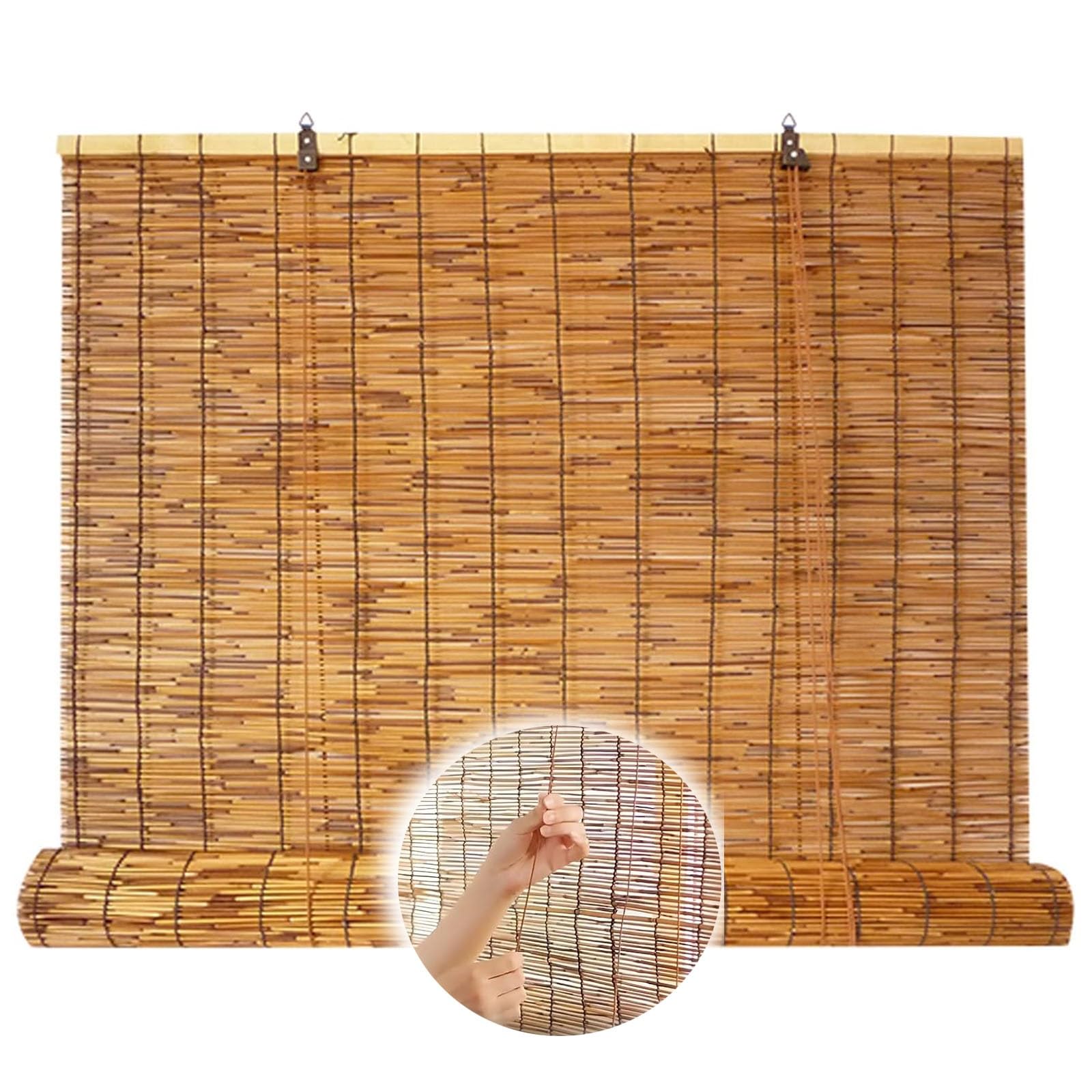 Esiny A Patio Cordless Blackout Reed Bamboo Roller Shades, Light Filtering Roll Up Window Curtain For Restaurants Resorts Terraces Balconies (74")