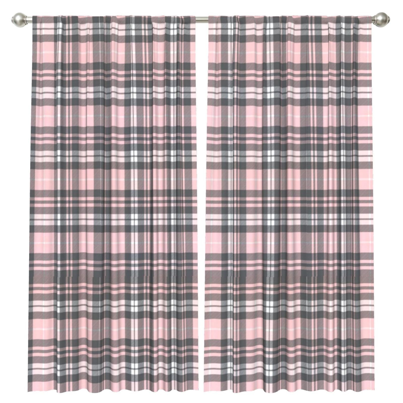 InOmak Pink Grey Plaid Tartan, 2 Panels Window Curtains 52 x 84 Inch Blackout Curtains for Living Room Bedroom