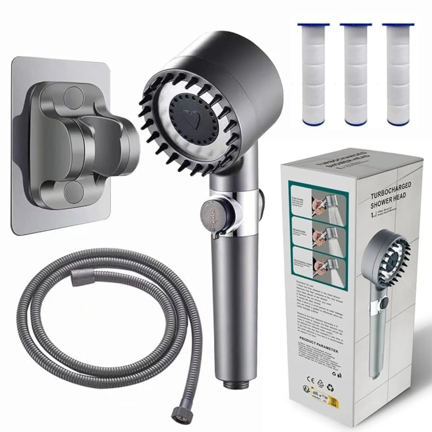 AABJ Shower Head with Handheld, High Flow Even with Low Water Pressure-Hand Held Showerhead Set,4 Modes Filtered Showerhead with hose 60",Bracket, with extra 3 Cotton Filters. (Gray 4 Modes)