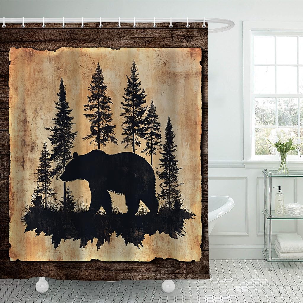 Rustic Bear Shower Curtain, Farmhouse Country Wild Animal Forest Vintage Wood Decor Bath Curtain, Hunting Camping Waterproof Fabric Bathroom Accessories Set with Hooks, 70X75IN