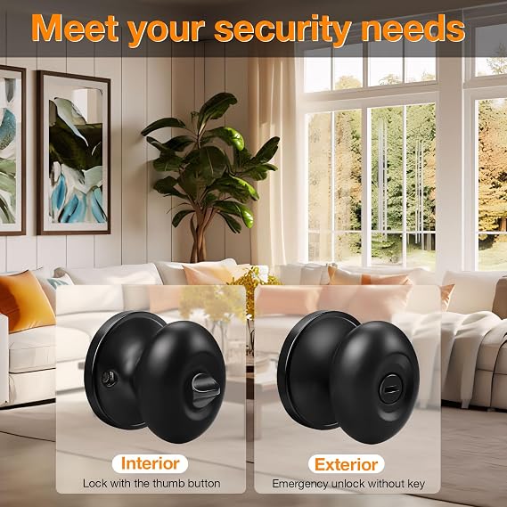 Gobrico 1 Pack Egg Shaped Door Knobs Black Oval Door Knobs Privacy Door Handles for Bedroom Bathroom with Black Finish Stainless Steel Interior Door Handles