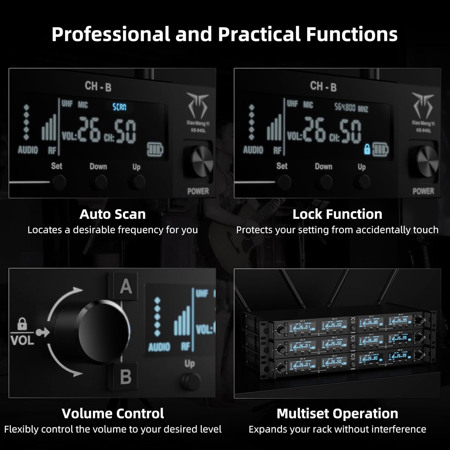 4-Channel Wireless Microphone System, 4 Handheld Dynamic Mic, 200 UHF Frequencies, Auto Scan, 400ft Long Range, Suitable for Singing, Karaoke, Wedding, Performance - Image 4