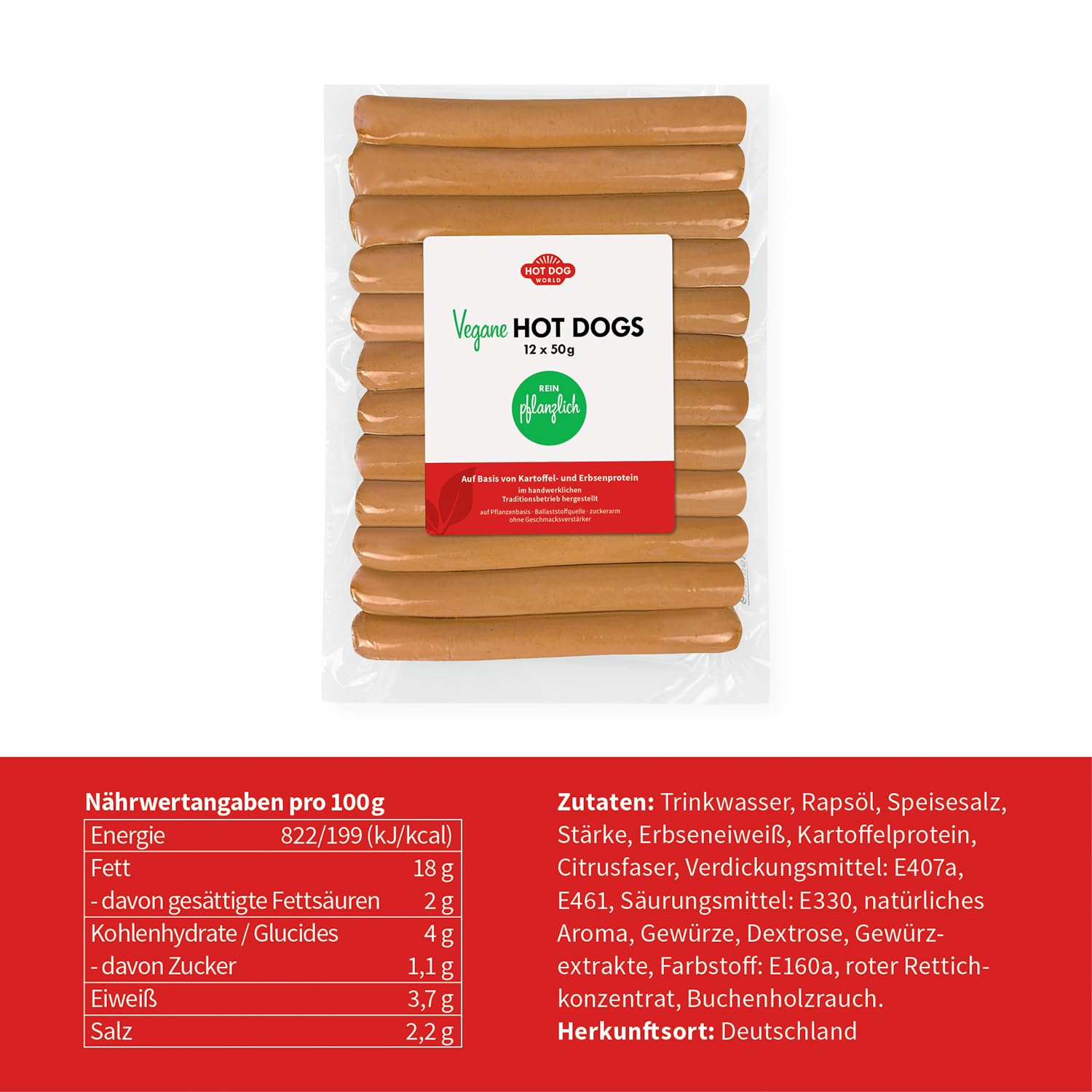 Pflanzliche Premium Hot Dog Würstchen 50 g 144er Pack Vegan Metzgerei-Handwerksqualität