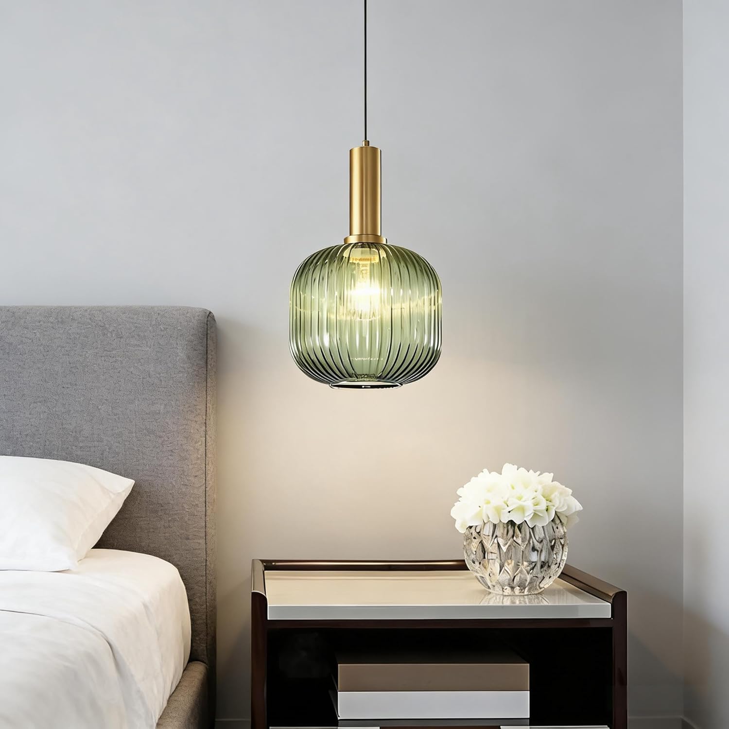 NKU Mid Century Modern Plug in Pendant Light, Green Glass Pendant Lamp with Plug in Cord, Gold Hanging Lighting for Bedroom Living Room Kitchen Island