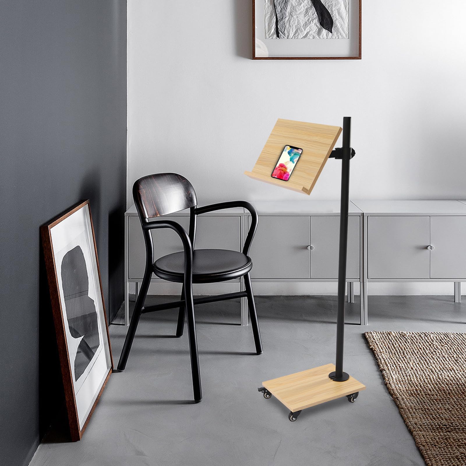 Boekenstandaard om te lezen, vloerstandaard voor leeshand, tijdschriftenhouder, vloerstandaard, boekenstandaard met wielen, verstelbaar, voor pianokamer, dansstudio's, keukens