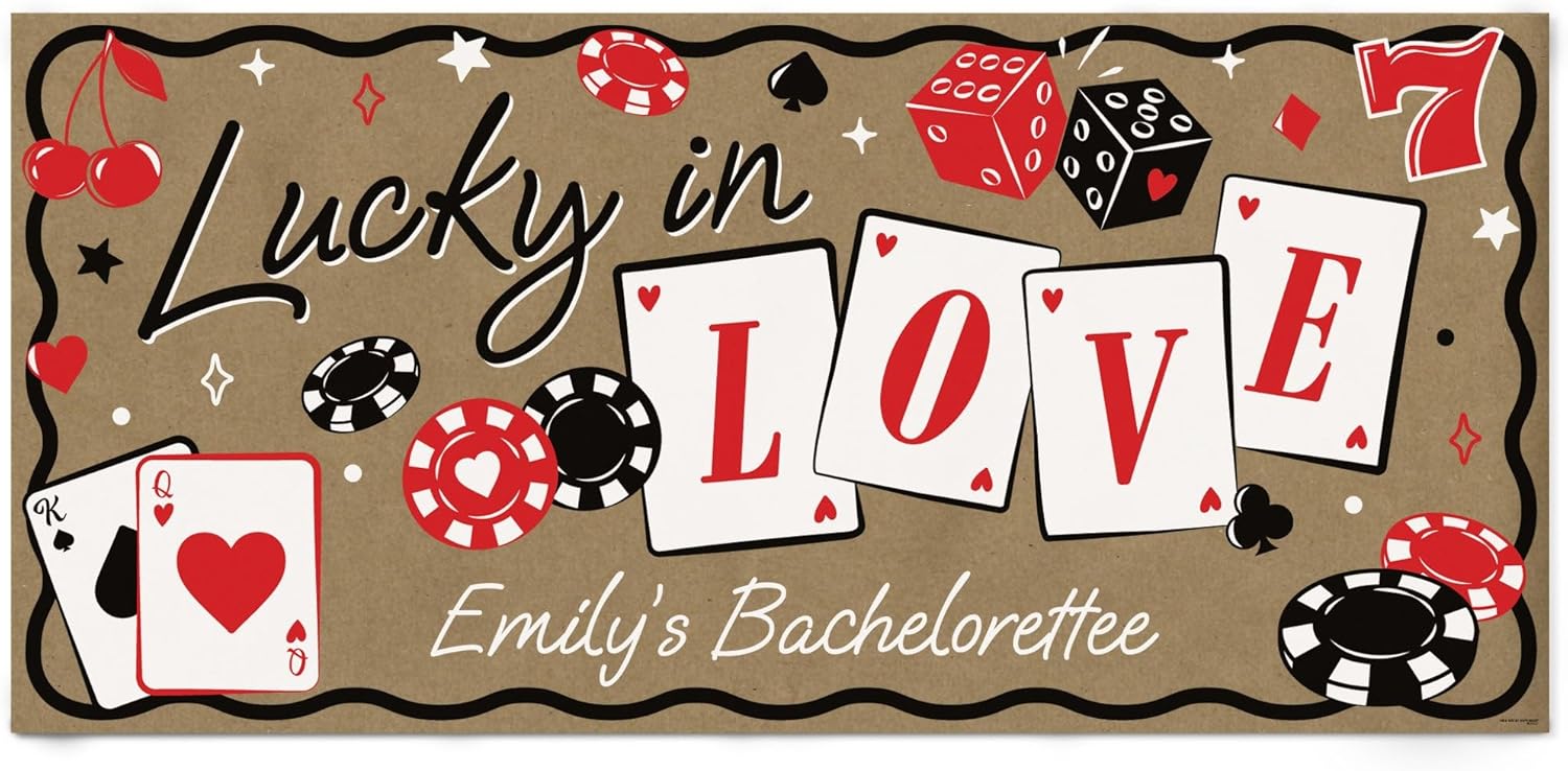 Big Dot of Happiness Personalized Lucky in Love Kraft Paper Banner, Las Vegas Bachelorette Party, Valentine's Day Casino-Themed Banner, Custom Text Printed Brown Paper Party Sign Decoration – 1 Count