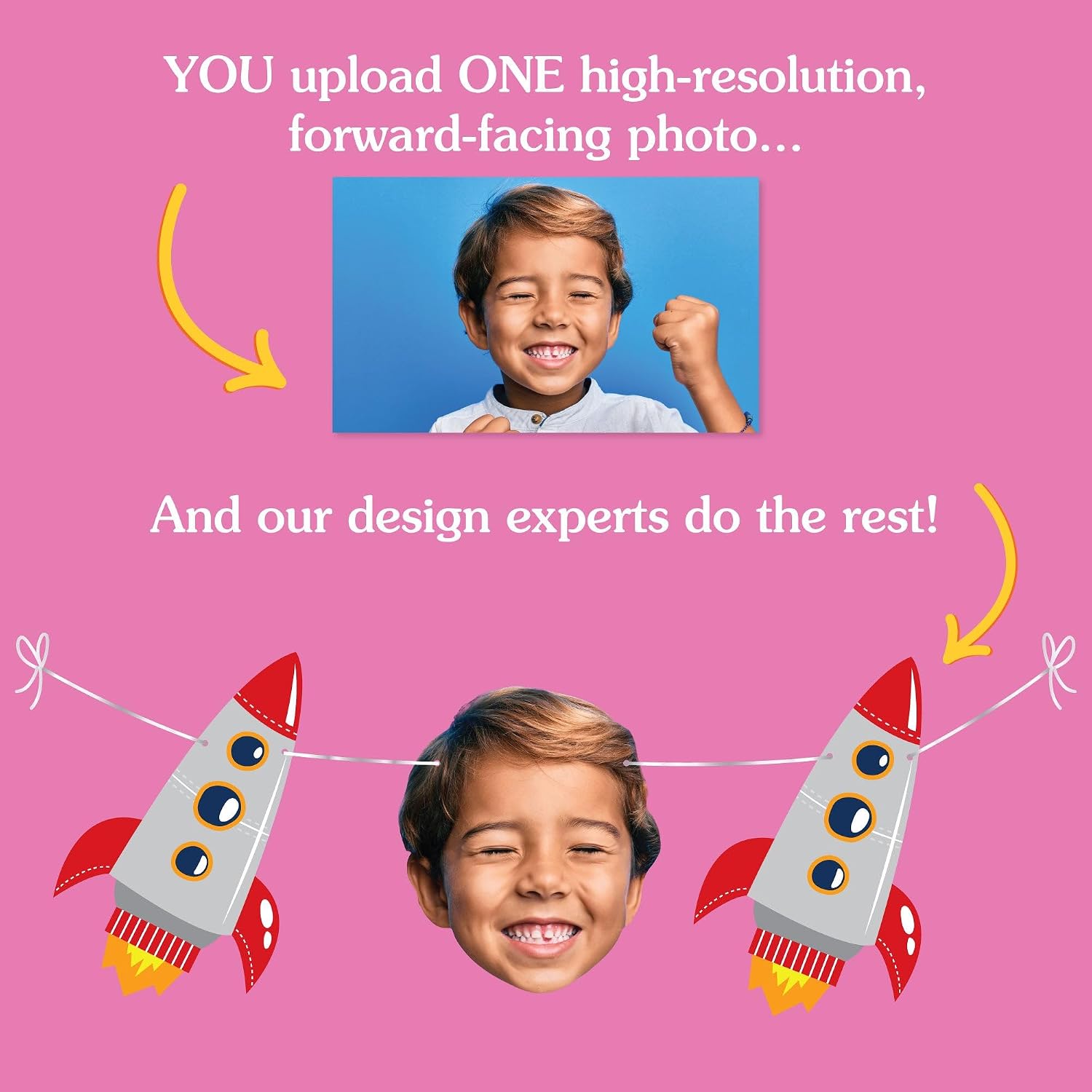Big Dot of Happiness Custom Blast Off to Outer Space Face Cut Out Garland Banner, Personalized Rocket Ship Birthday Party Decor, 30 Feet of Cord, 5 Photo Face Cutouts, 5 Spaceships