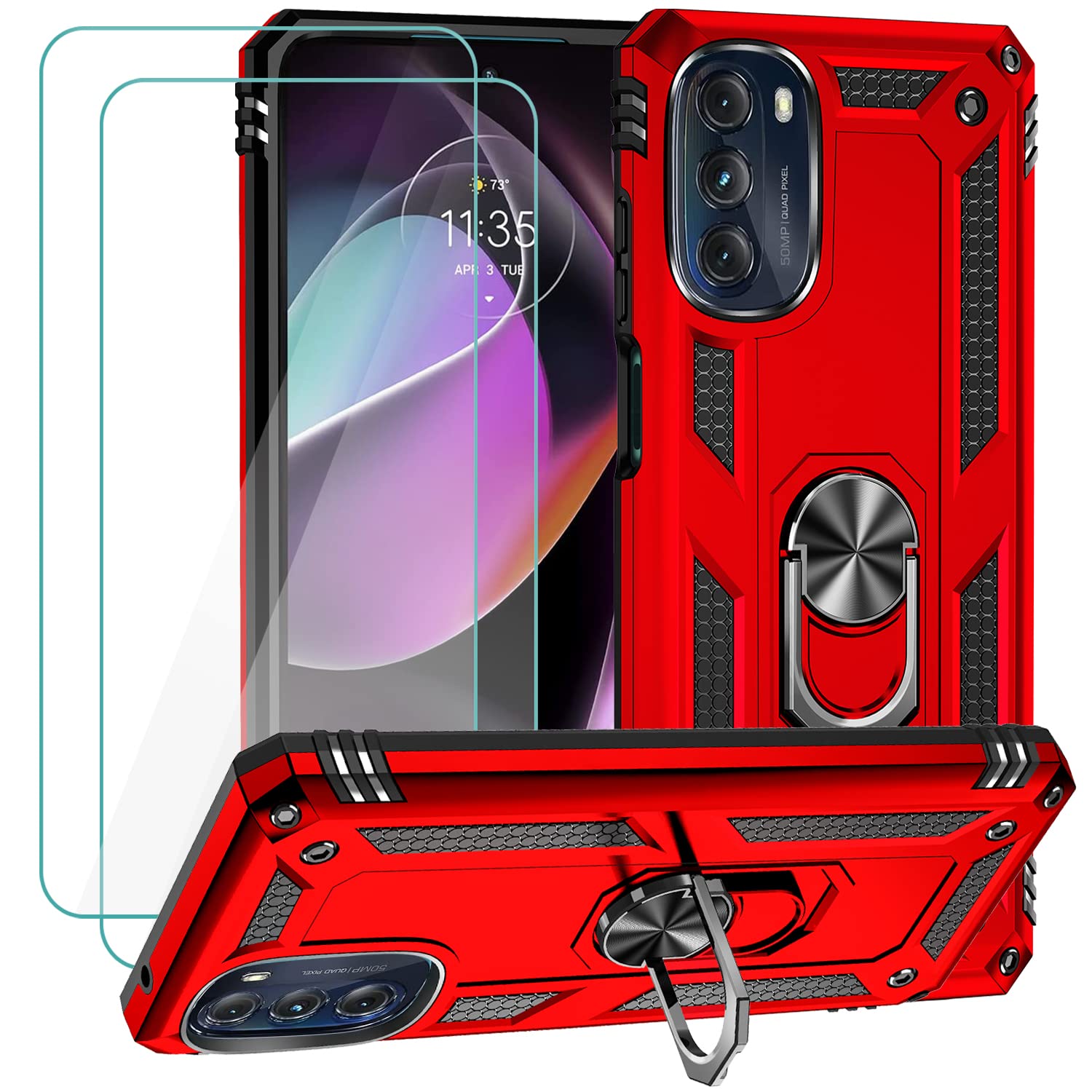 Muntinfe for Motorola Moto G 5G 2022 Case with 2 Pcs Tempered Glass Screen Protector, Military-Grade Armor Shockproof Protective Phone Cover with Ring Magnetic Kickstand for Moto G 5G, Red