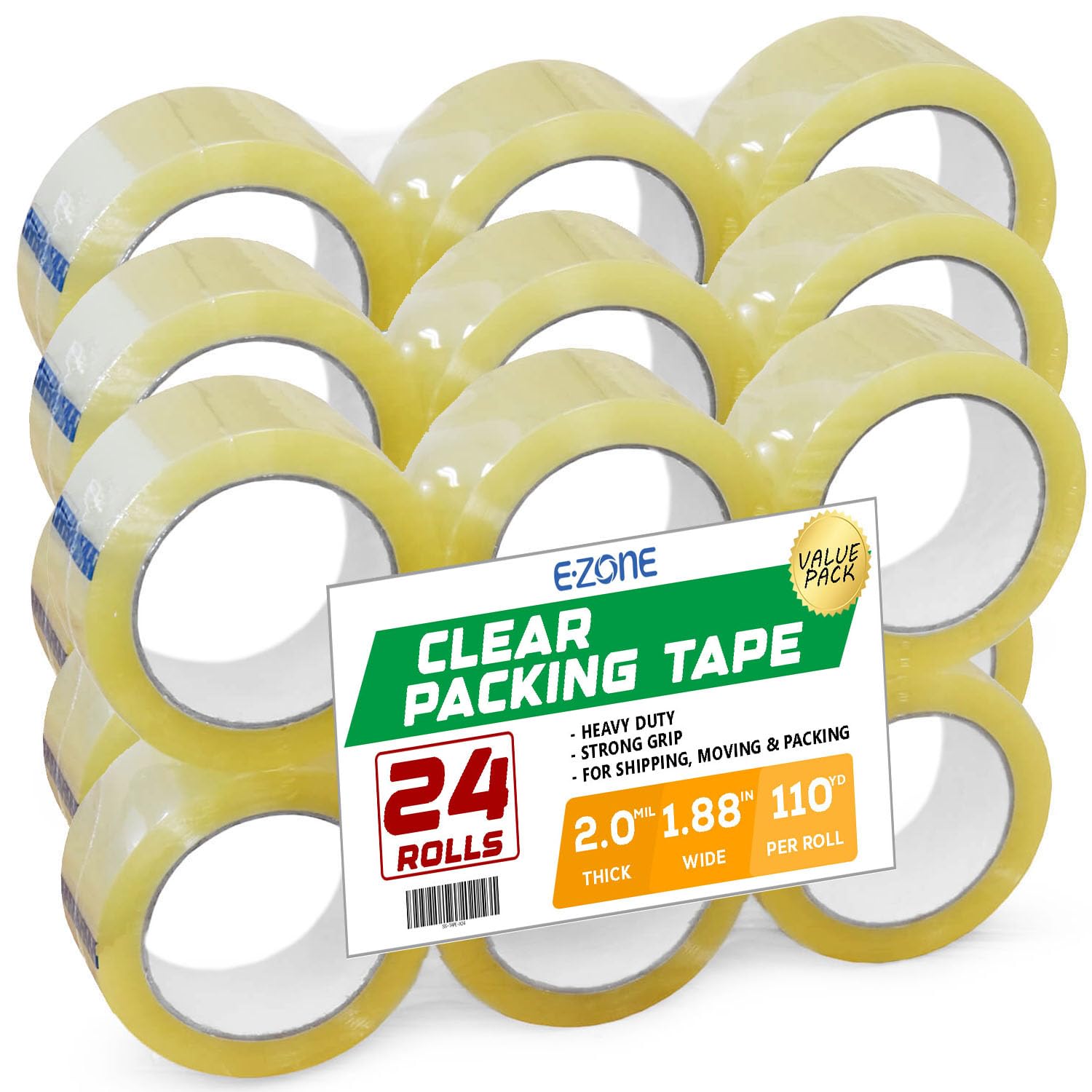EZONE (24pc 1.88 in x 110 yds Clear Packing Tape Heavy Duty Packaging Tape for Shipping, Moving Packing Tape Refill Shipping Tape Strong and Durable Clear Adhesion Tape for Warehouse Packing (24)