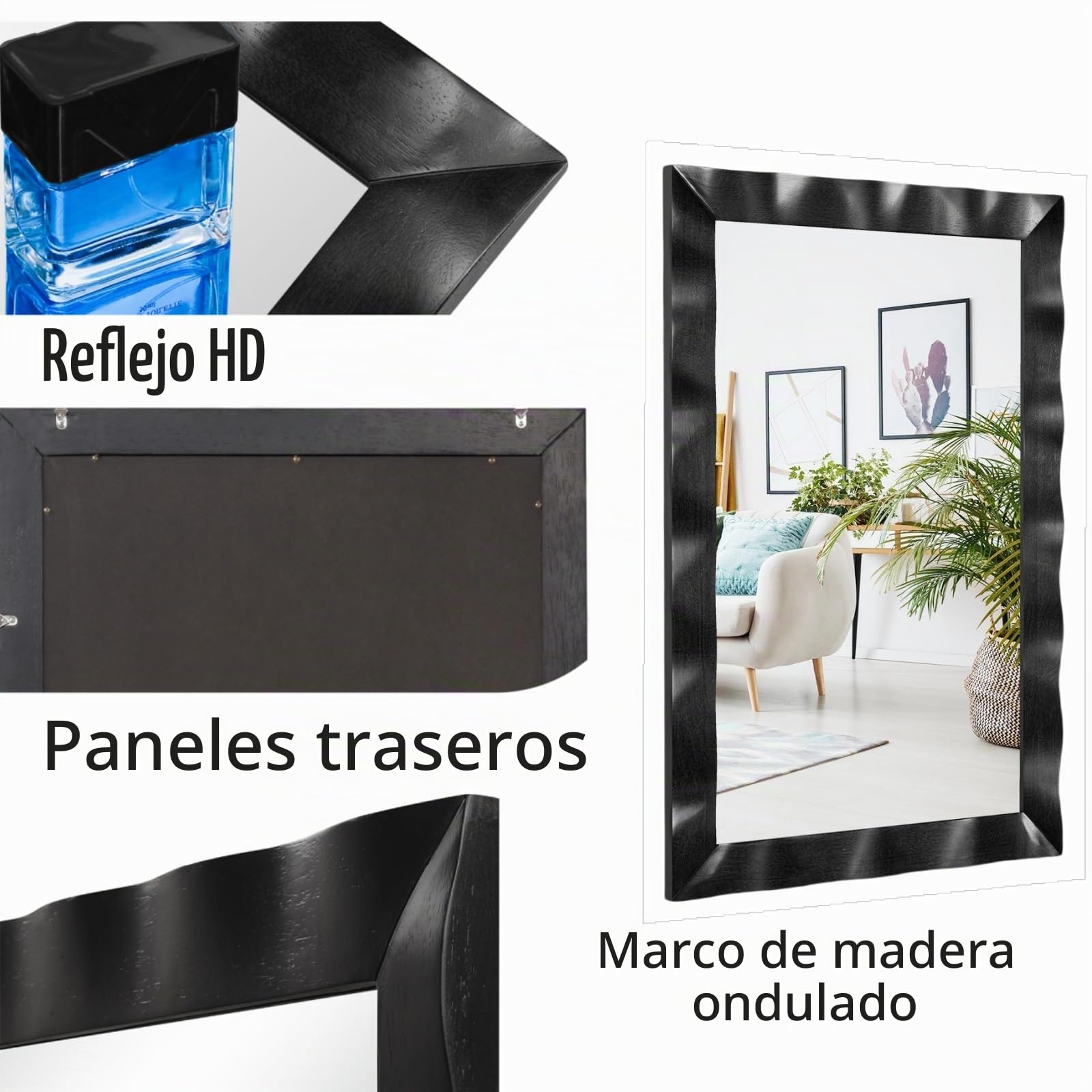 LIFEZEAL Espejo de Pared, 106x71,5 cm, Espejo Decorativo con Marco de Madera de Caucho, Espejo Rectangular para Dormitorio, Pasillo, Entrada (Negro)