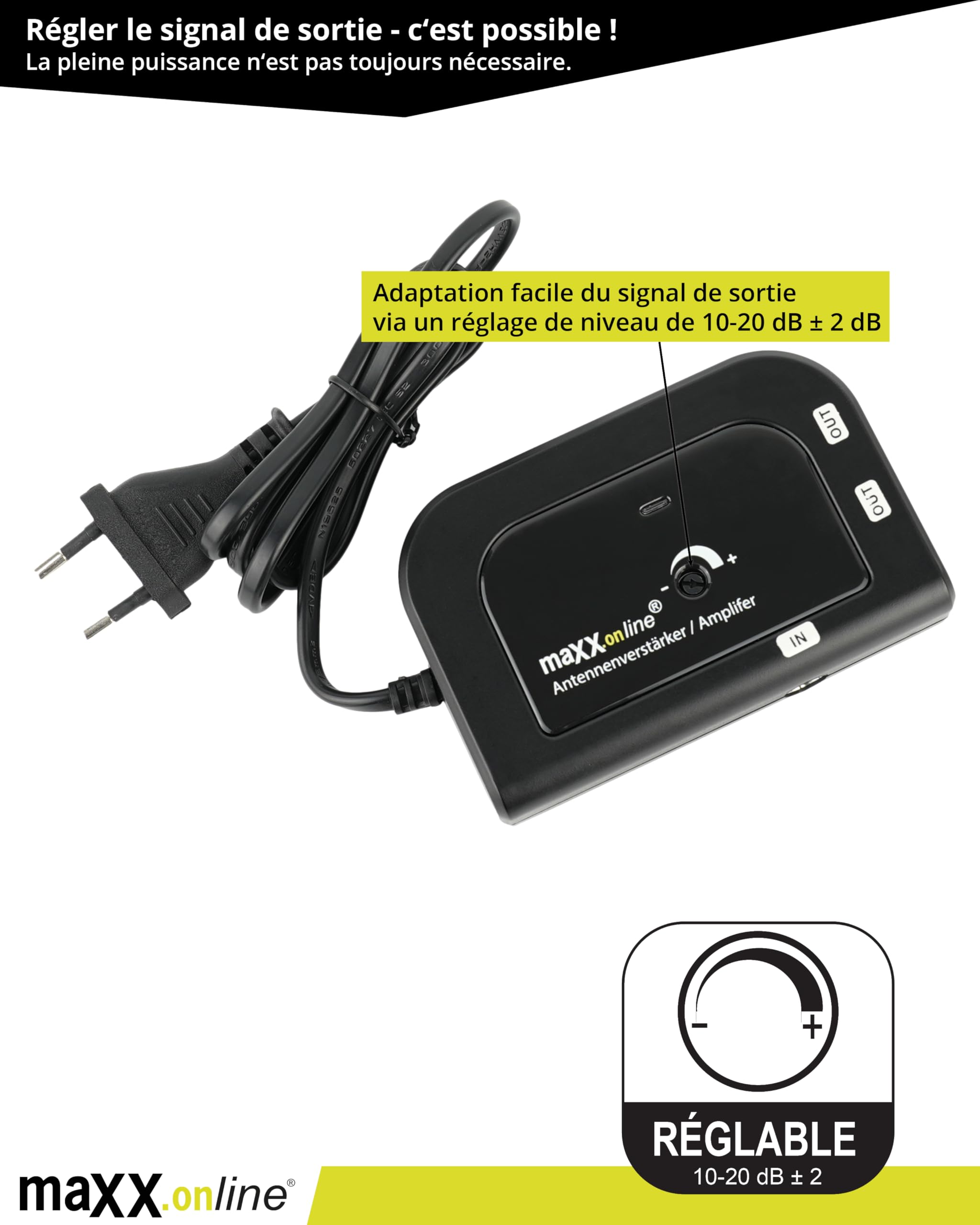 Amplificateur d'antenne 2x20 dB, 85-1006 MHz, F, TV par câble