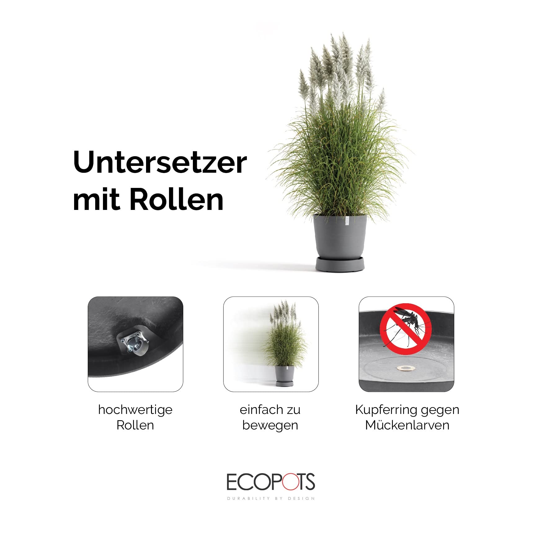 Ecopots Untersetzer rollbar für Blumentopf Oslo 55 grau rund - Durchmesser innen 43 cm/außen 50 cm - Unterteller mit Rollen für Pflanzentopf Pflanzenroller Topfuntersetzer Indoor Outdoor