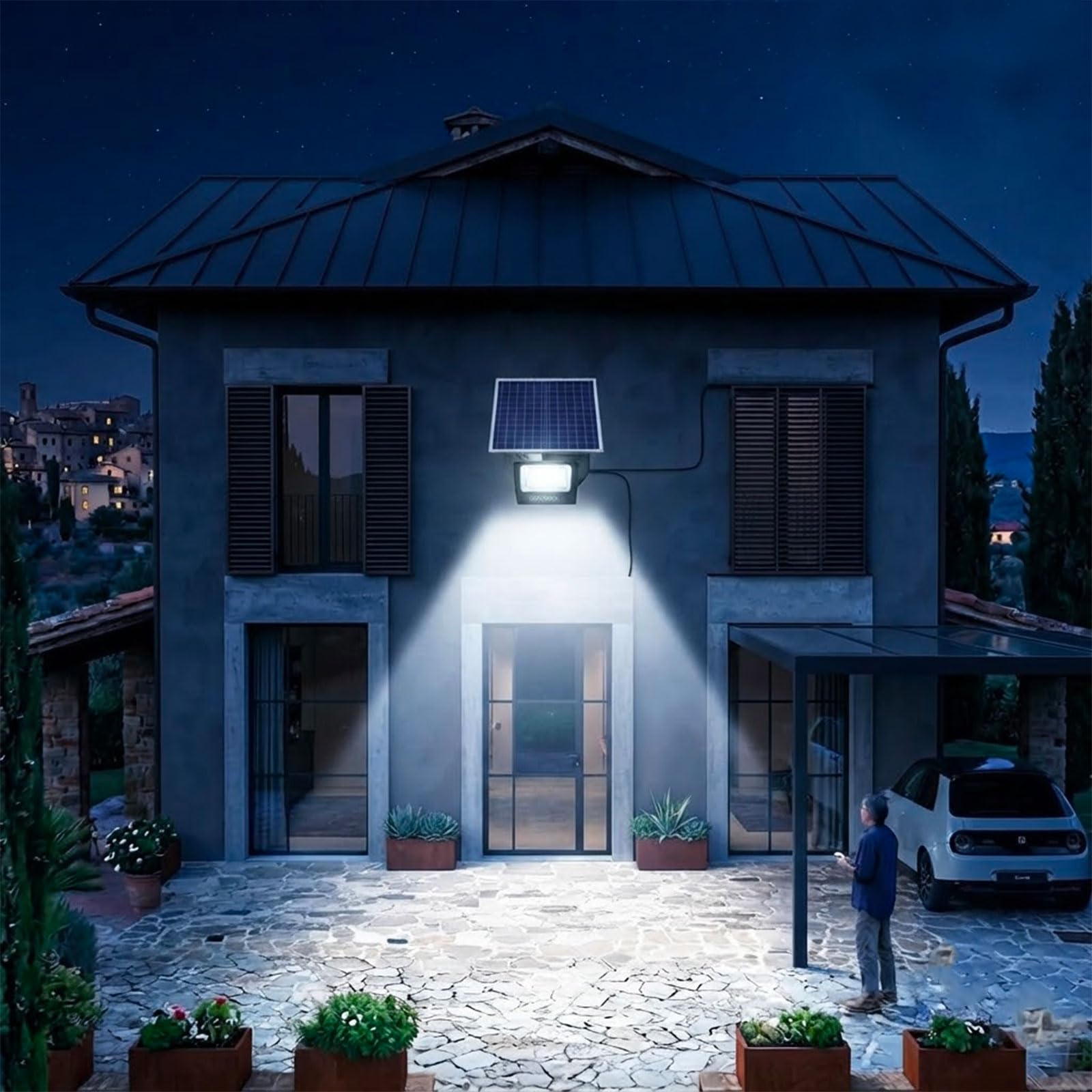 Faro Solare LED 800W con Pannello Solare, Luce Esterno 6500K Ultra Potente, Sensore Crepuscolare Automatico, Telecomando, IP66 Impermeabile, Faretto da Esterno per Giardino, Cortile, Strada