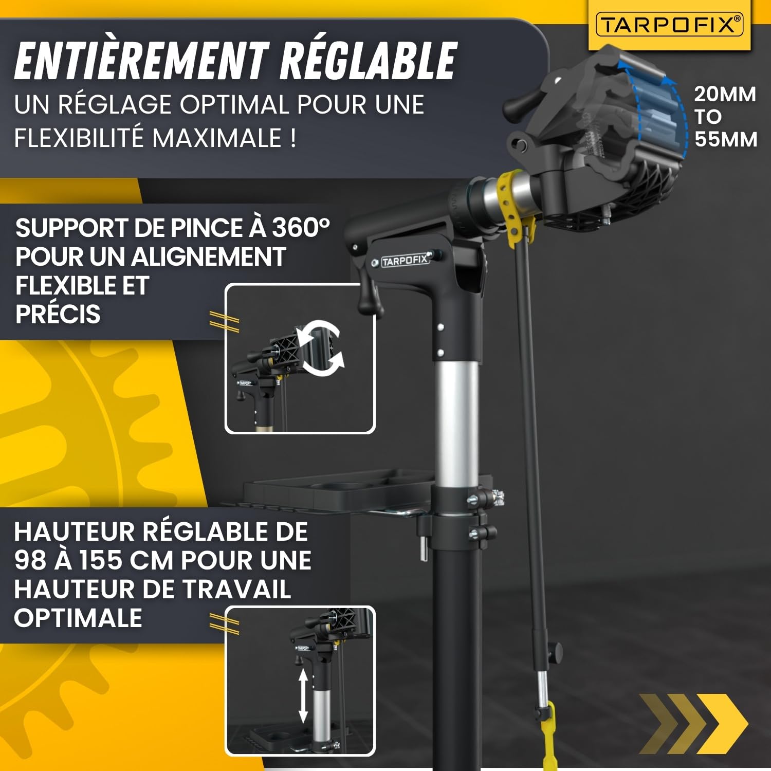 Tarpofix® Pied Atelier Velo Charge 50 kg Support Reparation Velo | Hauteur Réglable pince Rotative 360° Pied Atelier VTT Electrique | Pieds d'atelier Vélo Pour tous les Types de Vélos