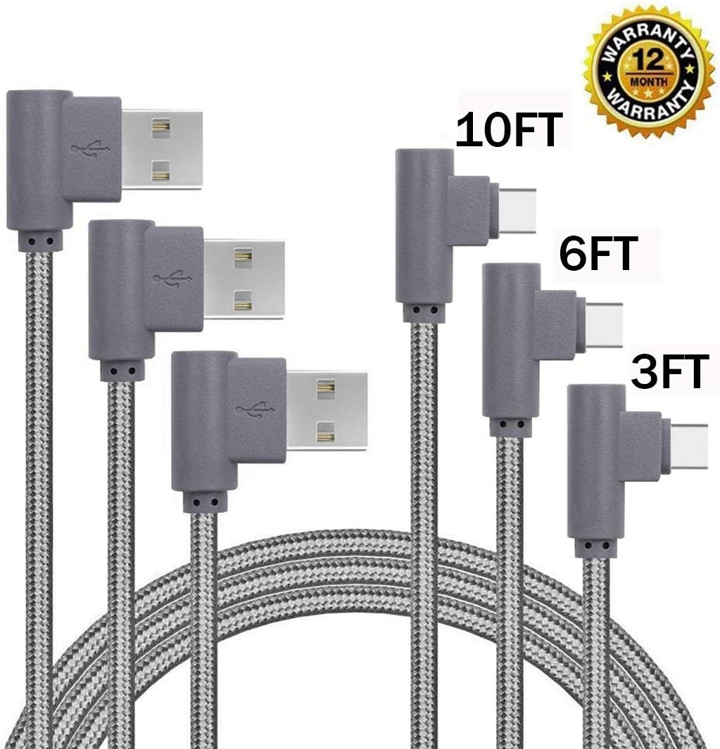 USB Type C Cable, CTREEY 90 Degree 3 Pack 3ft 6ft 10ft Nylon Braided Long Cord USB Type A to C Charger for MacBook, LG G6 V20 G5,Google Pixel, Nexus 6P, Nintendo Switch, Samsung Galaxy S8+ (Grey)