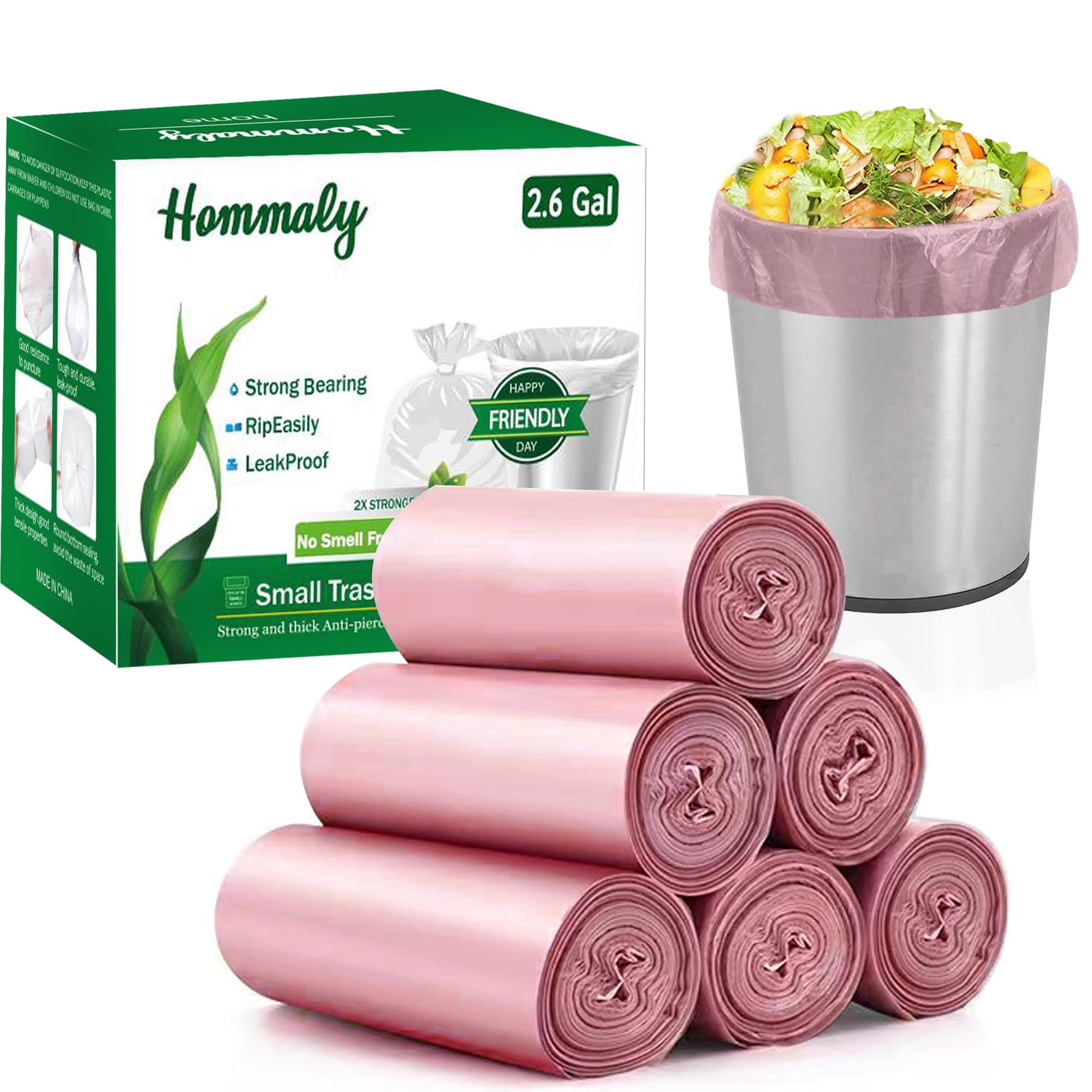 Hommaly 2.6 Gallon 240 pcs Small Pink Trash Bags, Strong Garbage Bags, Bathroom Trash Can Bin Liners Unscented, Mini Plastic Bags for Office, Waste