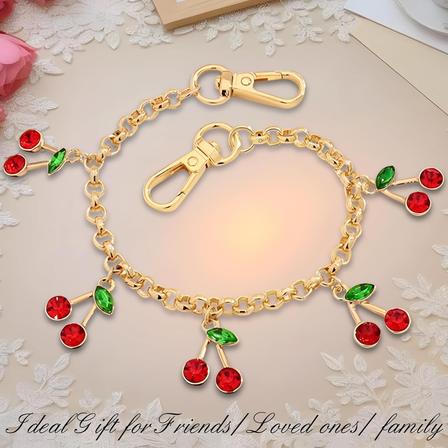 Bag Charms Handbags Cherry Gold Keychain Phone Charm Purse Wrist Strap Short Car Key Chain Handbag Metal Handle Extender Decorative Bags Chains with Patch Accessories for Women iPhone Fashion Jewelry image 5