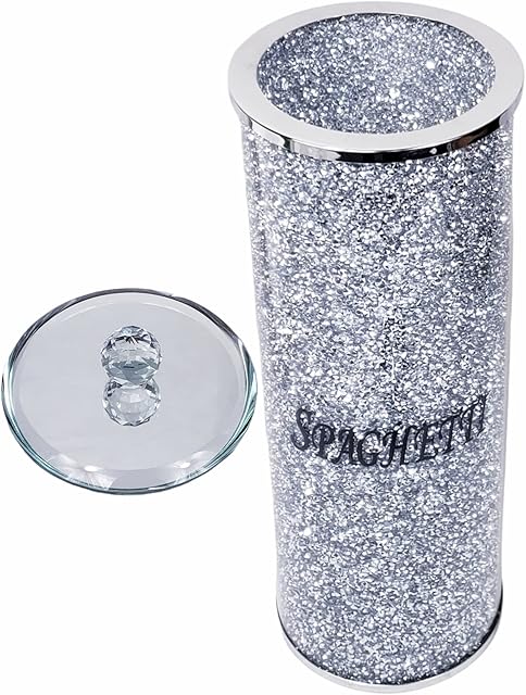 ProTech Crushed Diamond Silver Crystal Bling Glass Spaghetti Holder, Round Jar Storage Container, Moisture Proof Storage for Spaghetti, Decorative Kitchen Food Storage, Diamante Ornaments