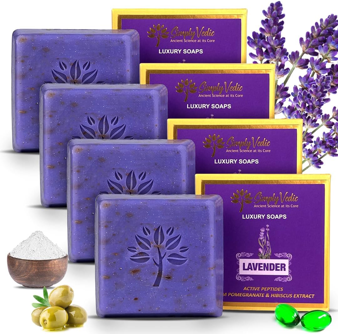 Simply Vedic Pack of 4 Lavender Soap Bars for Body, Hand, Face; | All Natural, Handmade, Pure & Gentle Moisturizing Bathing Soap, Gift Set for Men & Women (114gms x 4)