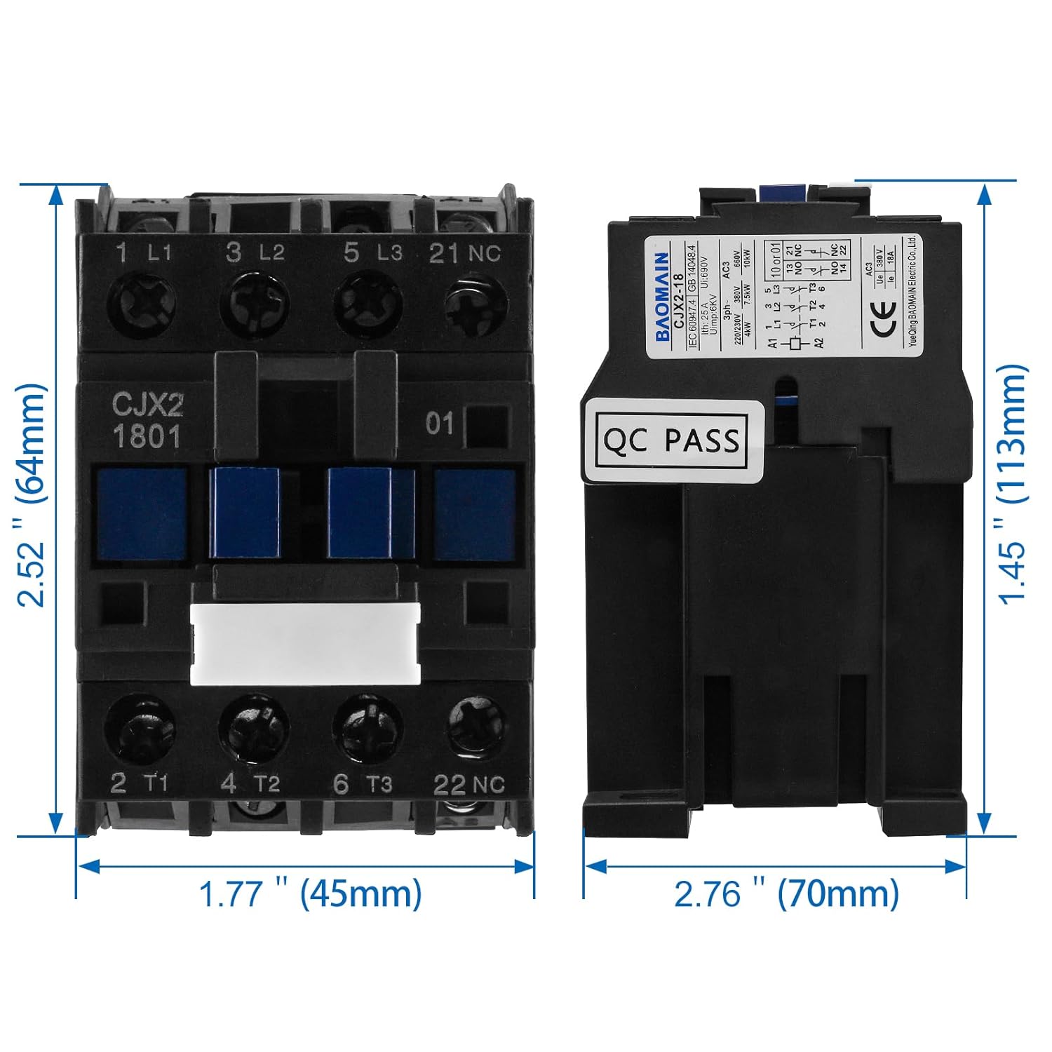 Baomain 3-Pole DC Contactor CJX2-1801 24VDC Coil, 3NO+1NC Auxiliary, 660V 3-Phase, DIN Rail Mount