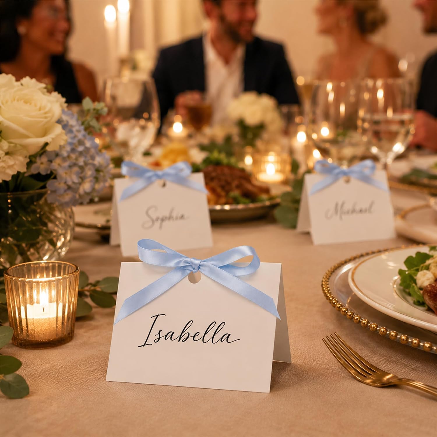 Place Cards for Table Setting, DIY Dusty Blue Bow Blank Table Place Cards