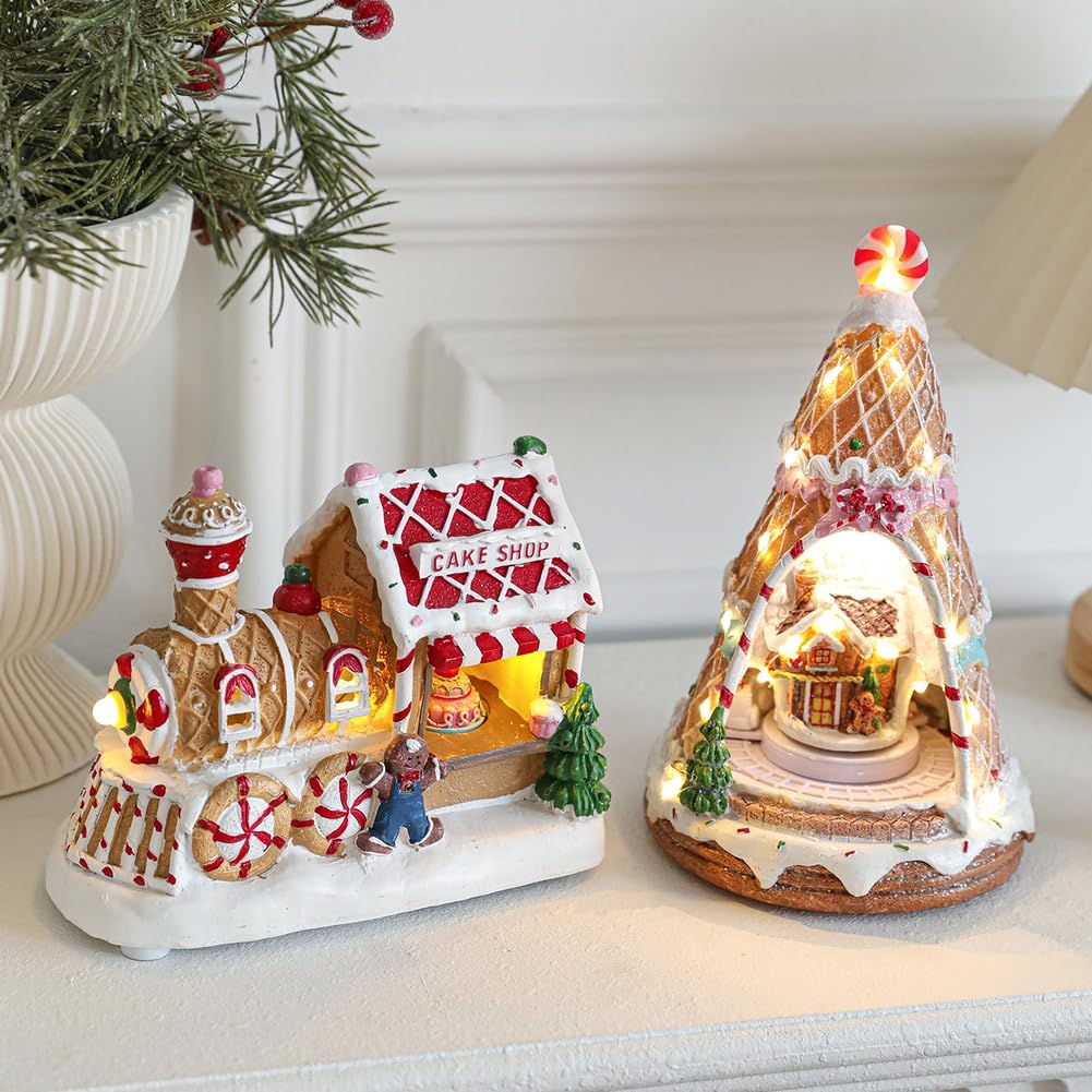 Casette di Natale in resina con scena di neve, villaggio di neve rotante con musica e luce LED per Natale e feste in casa (B)