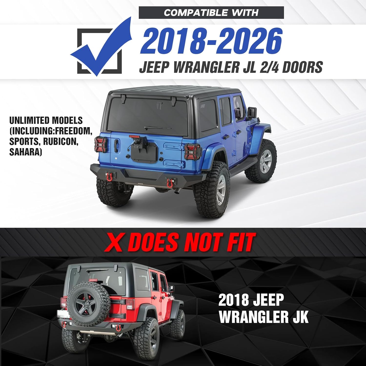 for Wrangler JL Rear Bumper Compatible with 2018 2019 2020 2021 2022 2023 2024 2025 2026 Jeep Wrangler JL JLU Unlimited Off-Road Bumper with 2" Standard Hitch Receiver, D-Rings & 2 x LED Lights