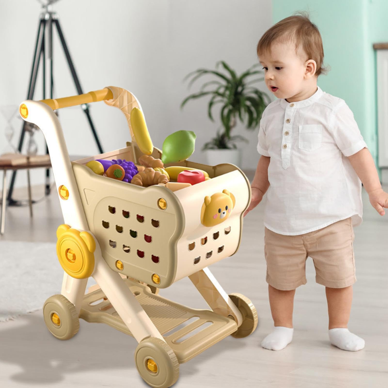 Carrito de Compras Infantil Frutas Y Verduras De Juguete para Juego De rol | Set Carrito Compras Accesorios Cocina Actividades Preescolares, Regalo Cumpleaños, Diversión Familiar Al Caminar