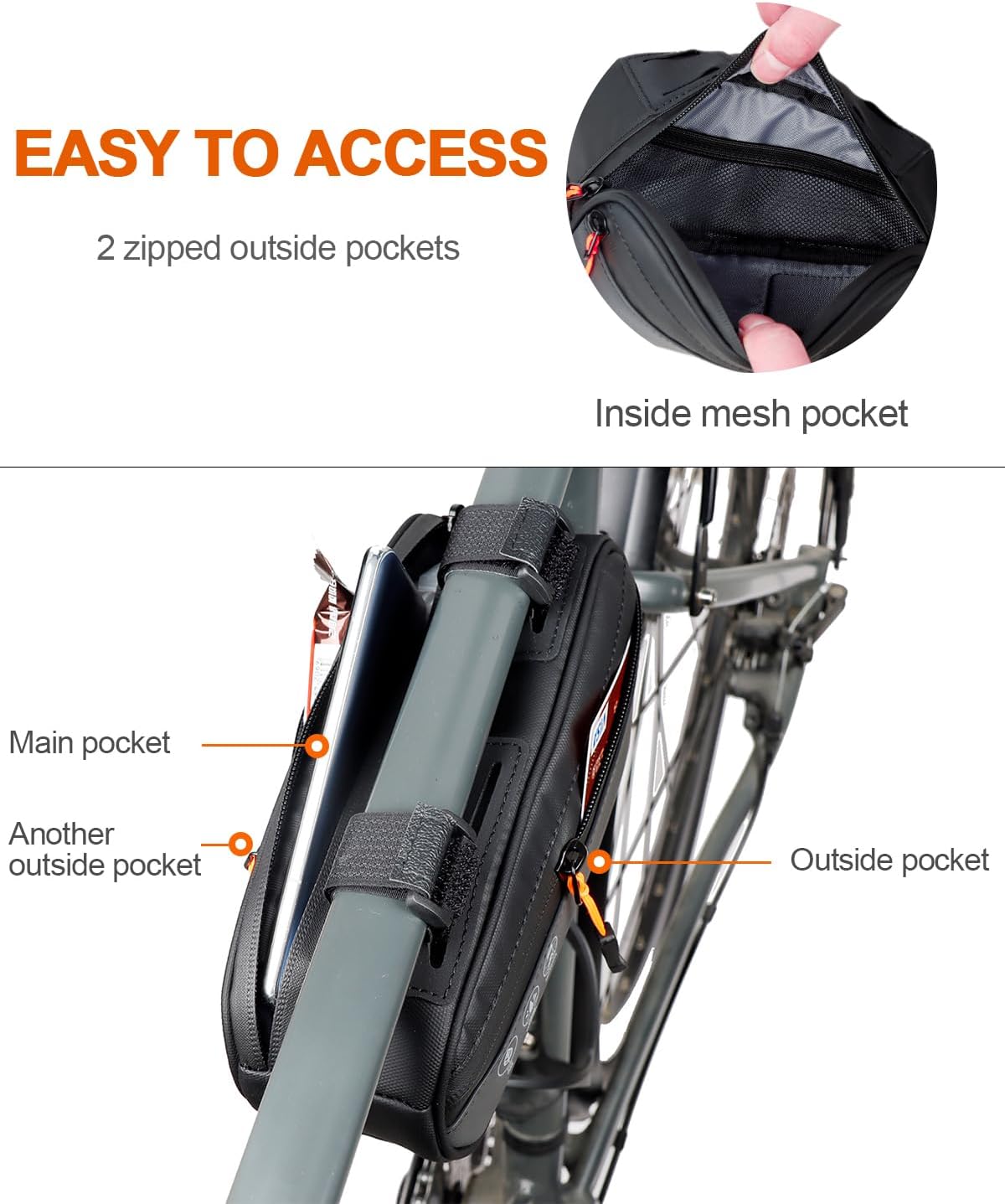 Bike Triangle Frame Bag, Bicycle Storage Pouch with 2 Side Pockets, 3-in-1 Top Tube Bags for Phone, Waterproof Cycling Tool Accessories Pack for MTB Mountain Road Bikes