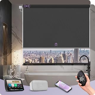 Graywind Motorized Roller Shade 100% Blackout Compatible with Alexa Google Waterproof Vinyl Fabric Remote Control Hardwired Window Shades Window Blinds, Customized Size (Dark Grey)