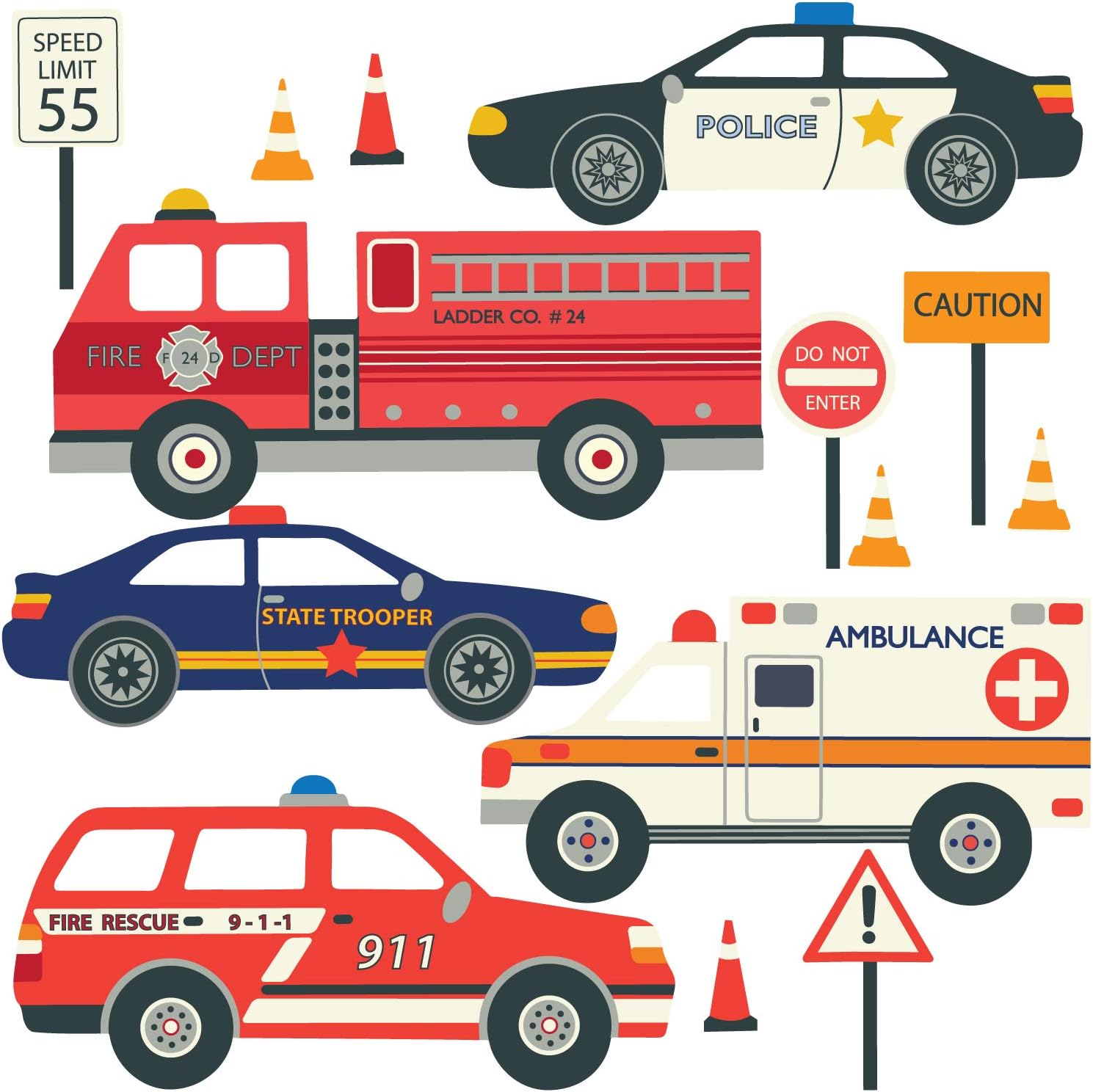 EMS Emergency Vehicles Wall Decals Fire Trucks, Ambulance, Police Cars Wall Decals Eco-Friendly Peel and Stick!